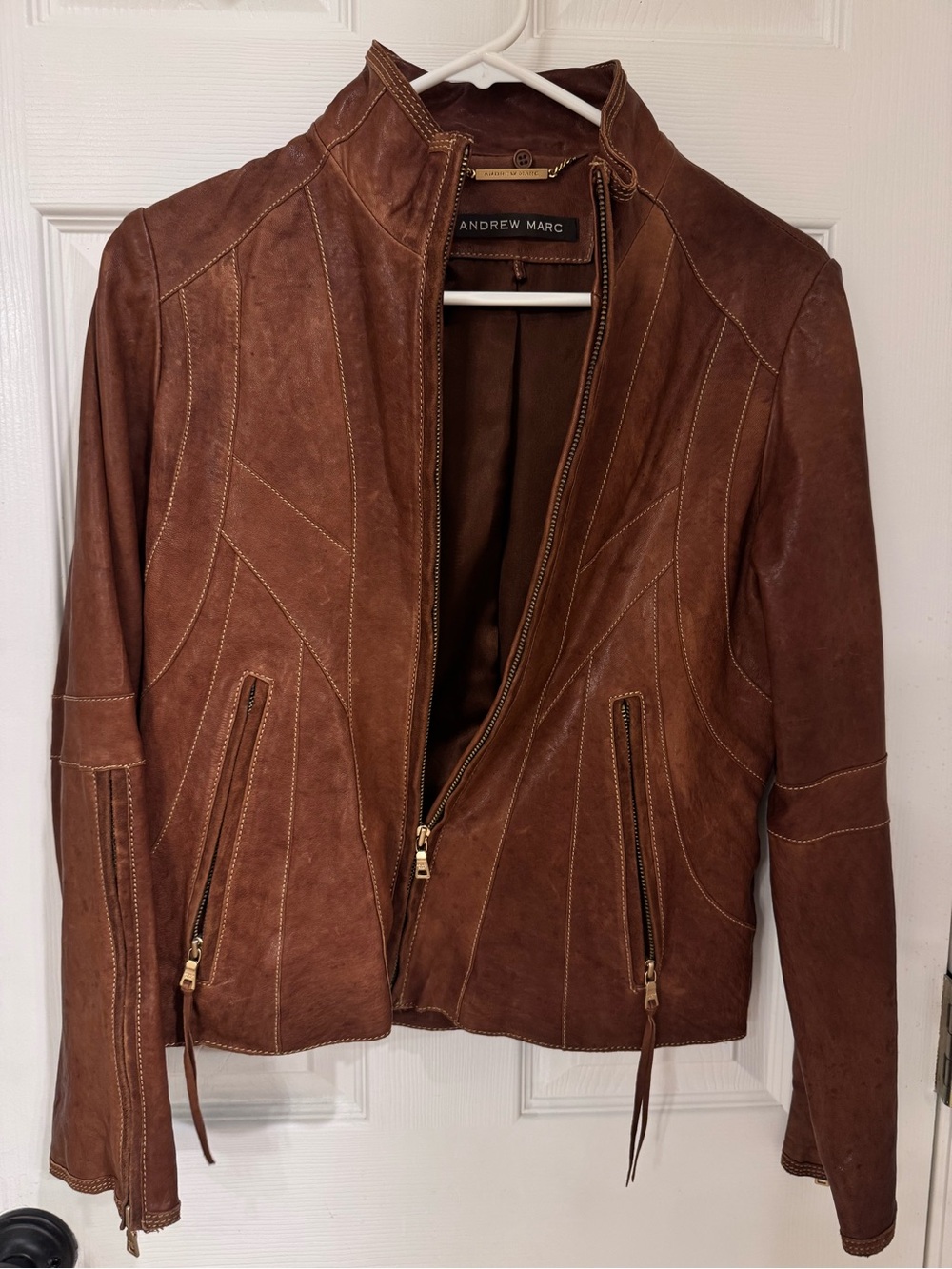 Andrew Marc Cognac Brown Leather Zip-Front Moto Jacket